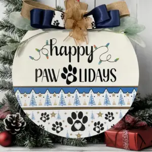 Happy Pawlidays Blue Handmade Decorative Wood Rounds